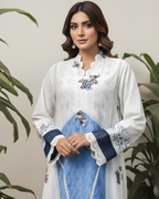 White & Blue Schiffli Chicken Lawn Contrast Panel Kurta