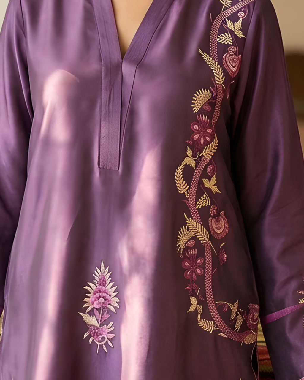 Purple Floral Vine Embroidered Scalloped Loomnet Kurta