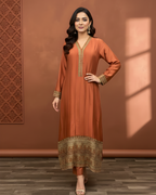 Coral Rust Gold Marori Embroidered Loomnet Kurta Set