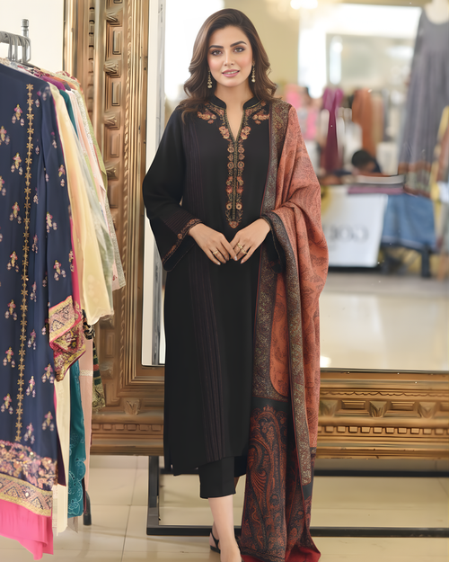 Black Silk Kurta Set with Floral Yoke & Paisley Shawl