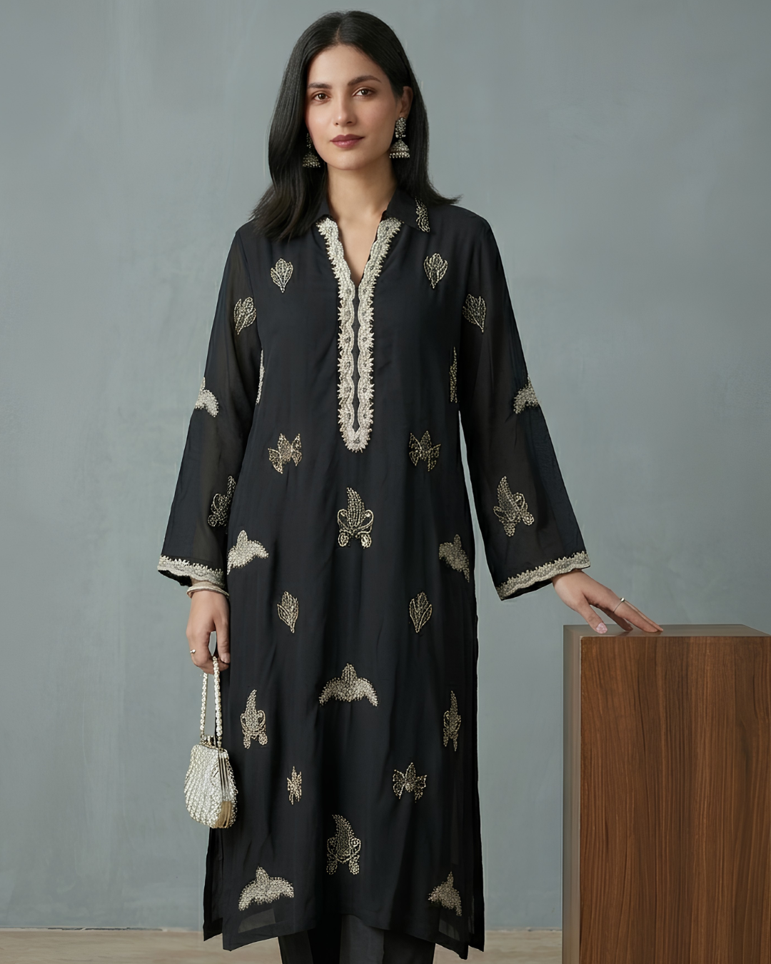 Black Hand Embroidered Grip Kurta Set