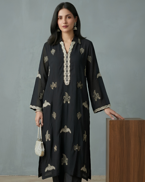 Black Hand Embroidered Grip Kurta Set