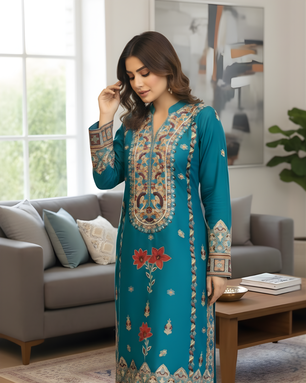Teal Green Multicolour Arri Embroidered Yoke Silk Kurta