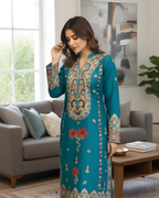 Teal Green Multicolour Arri Embroidered Yoke Silk Kurta