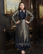 Silver Jamawar Embroidered Gown with Pearl & Velvet Floral Work