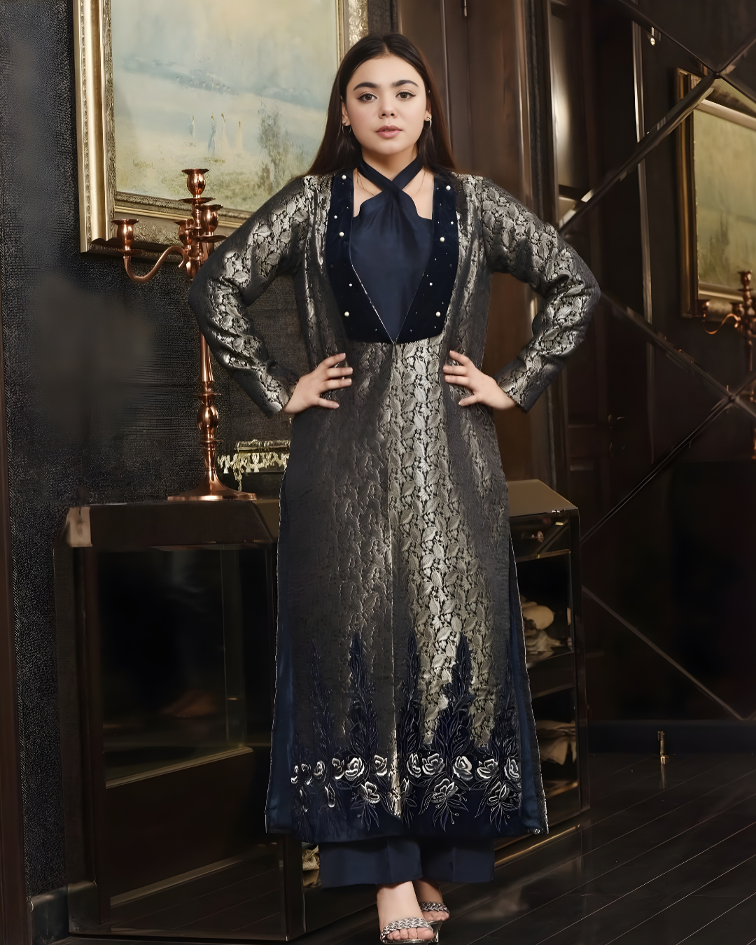 Silver Jamawar Embroidered Gown with Pearl & Velvet Floral Work