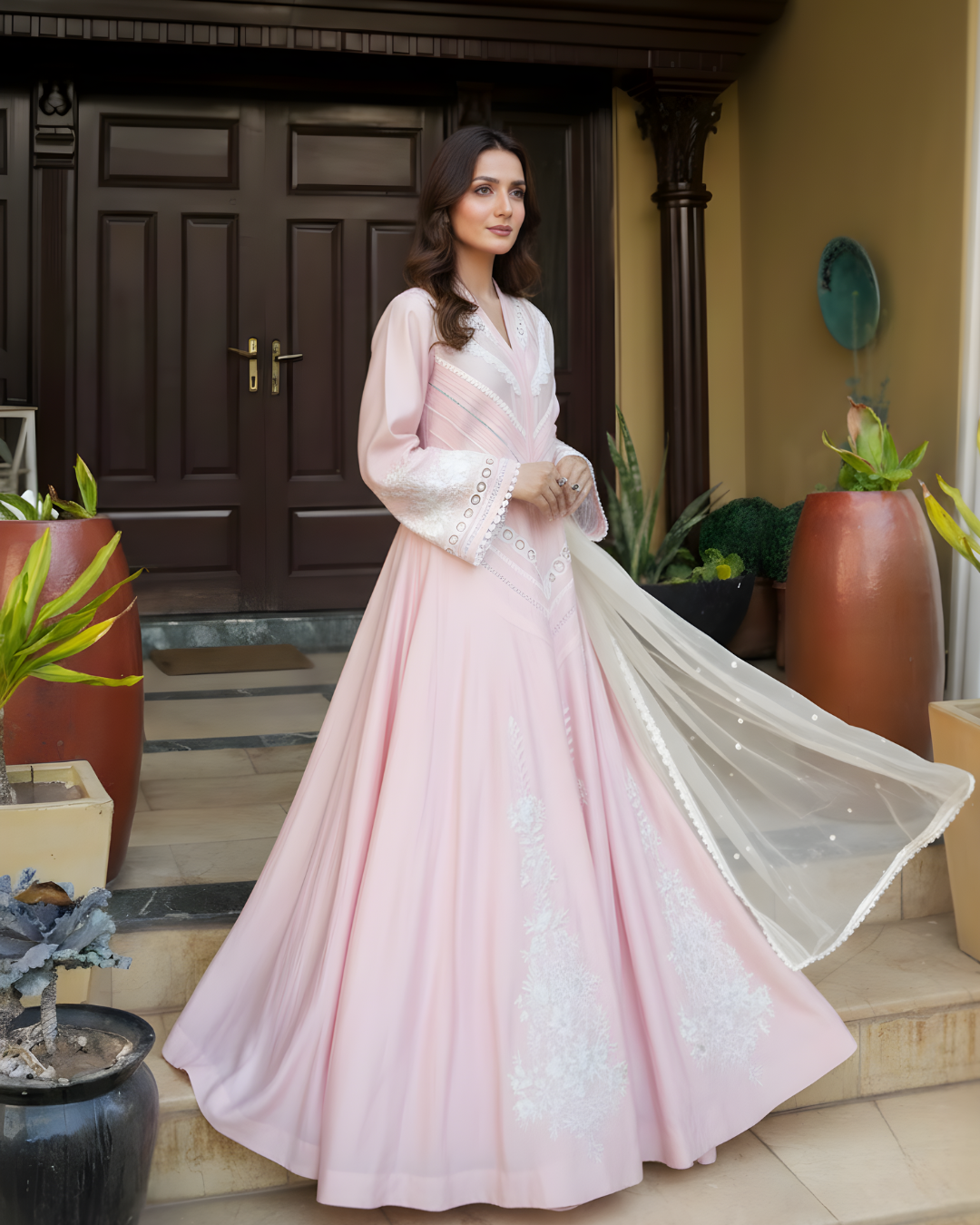 Pink Loomnet Flared Dress with Chevron Pleated Lace
