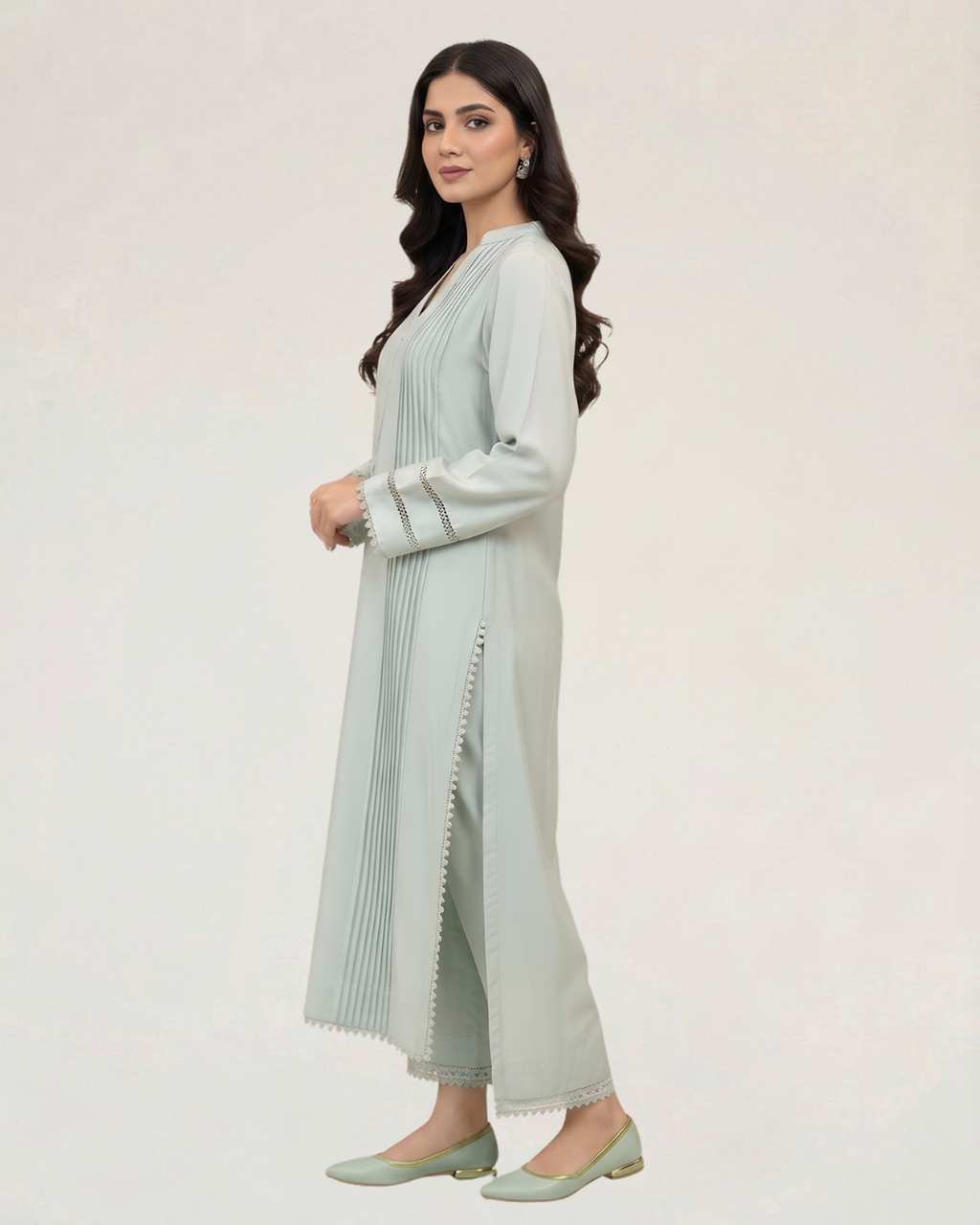 Aquamarine Crochet Lace Pintuck Silk 3-Piece Suit