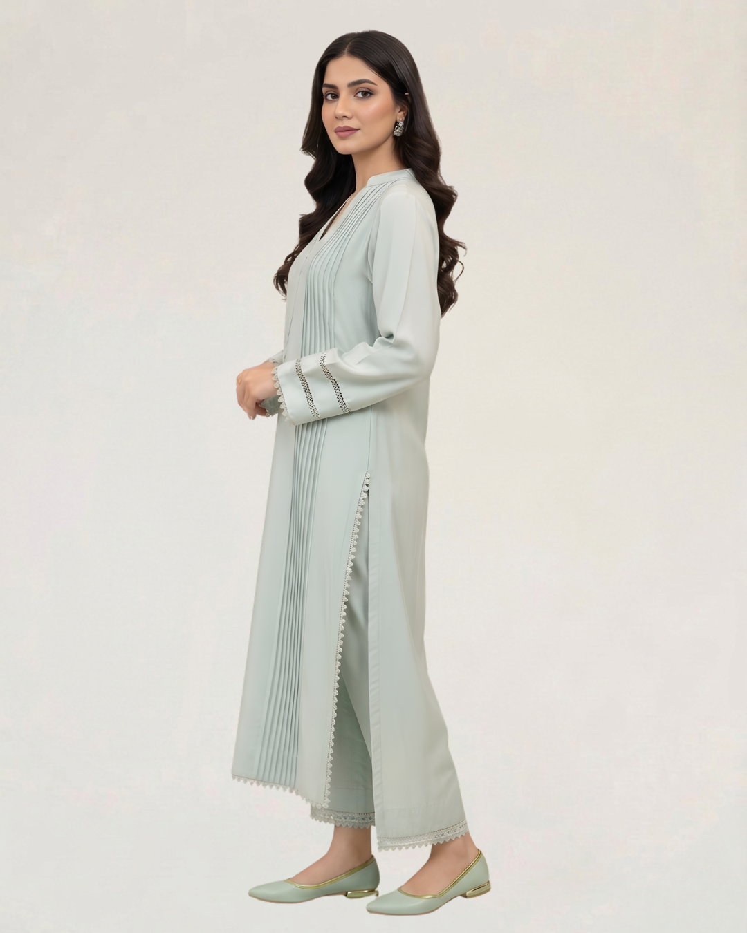 Aquamarine Crochet Lace Pintuck Silk 3-Piece Suit
