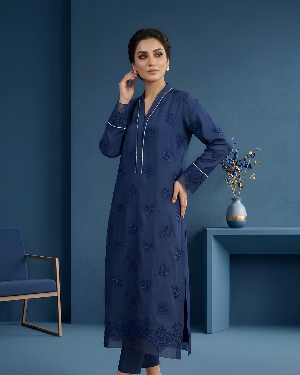 Navy Blue Tissue Silk Booti Embroidered Kurta Set