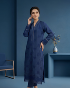 Navy Blue Tissue Silk Booti Embroidered Kurta Set