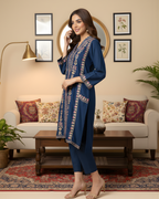 Navy Blue Gold Arri Embroidered Floral Panel Loomnet Kurta
