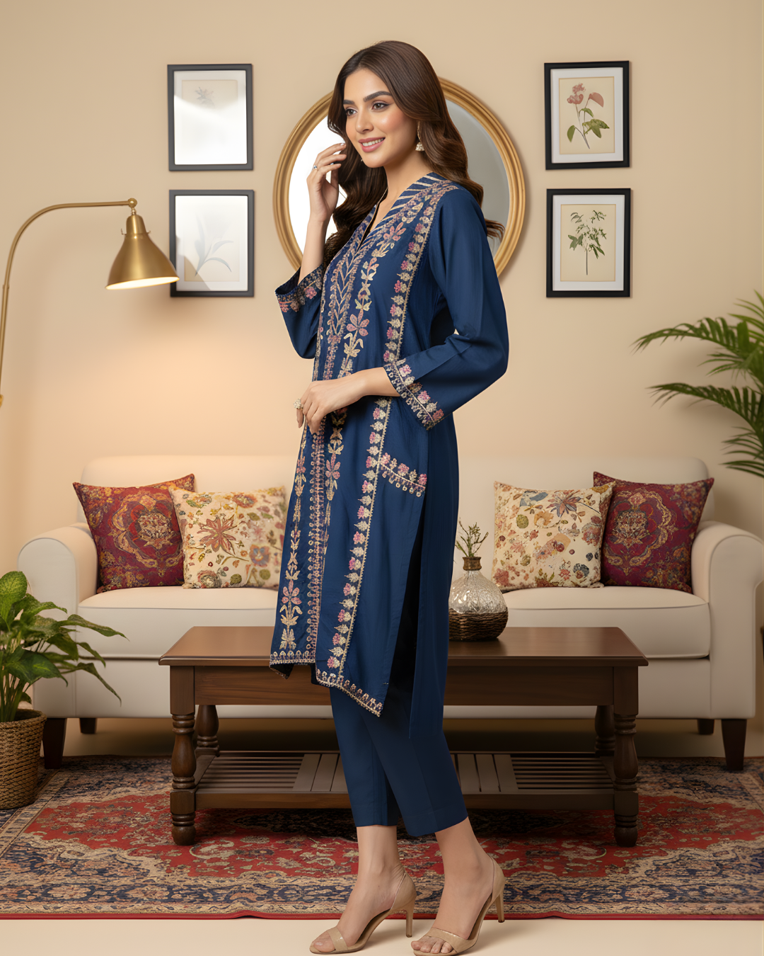 Navy Blue Gold Arri Embroidered Floral Panel Loomnet Kurta