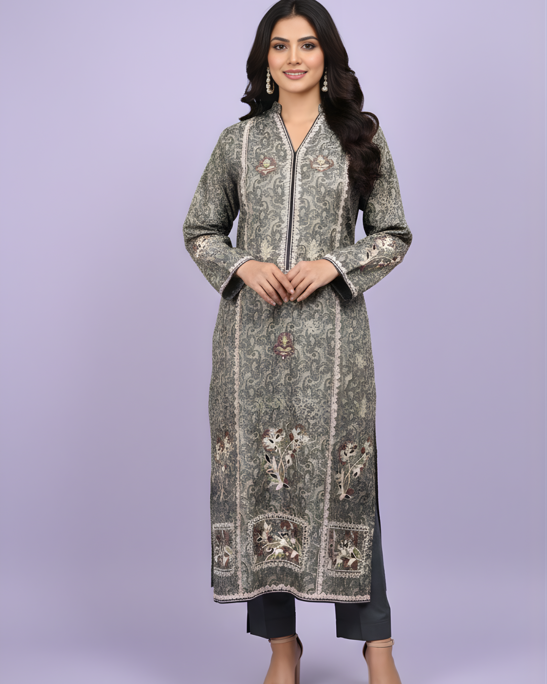 Navy Blue Paisley Print Embroidered Loomnet Kurta