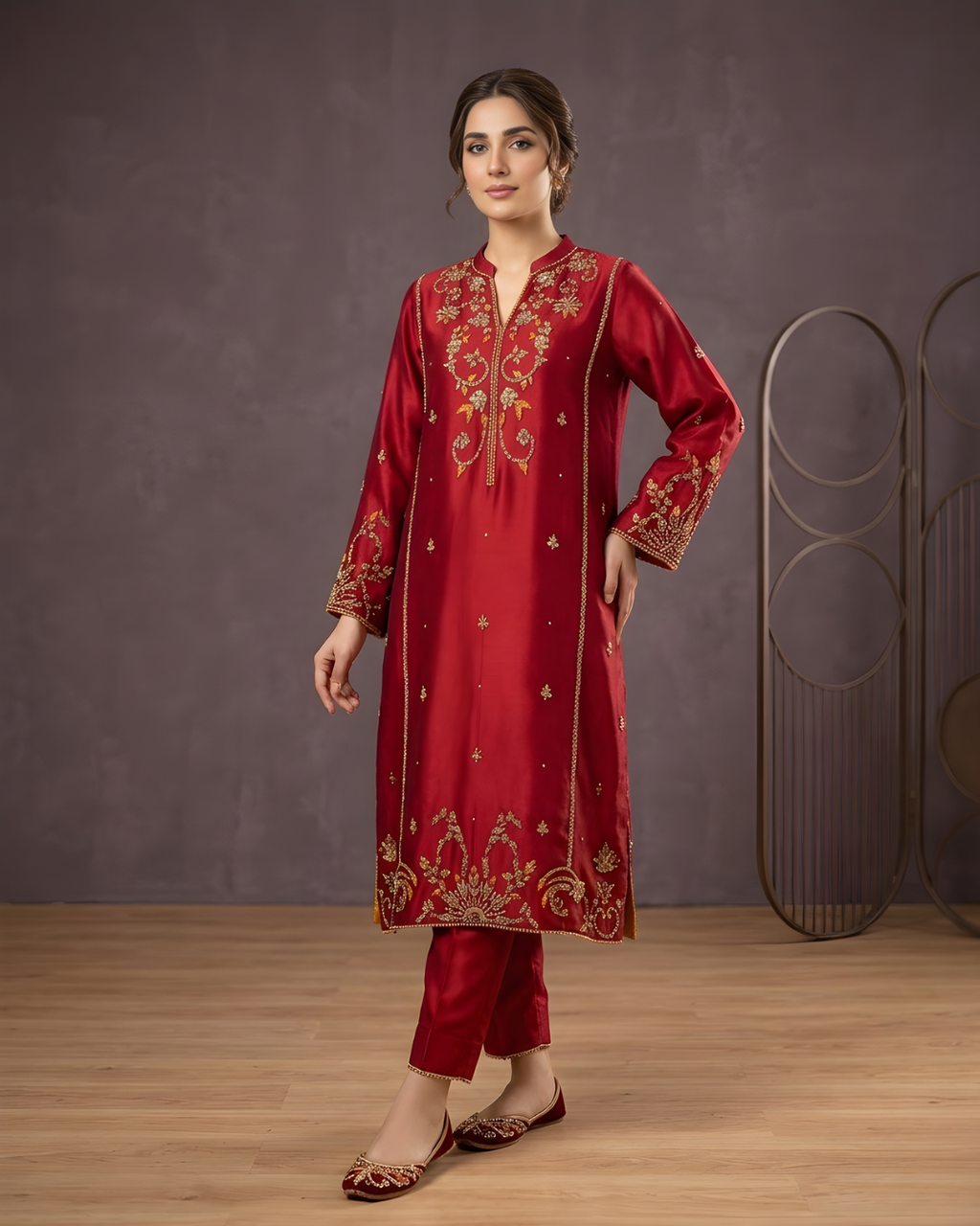 Red Gold Handwork Sheesha Silk 3-Piece Suit