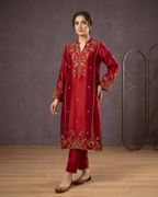 Red Gold Handwork Sheesha Silk 3-Piece Suit