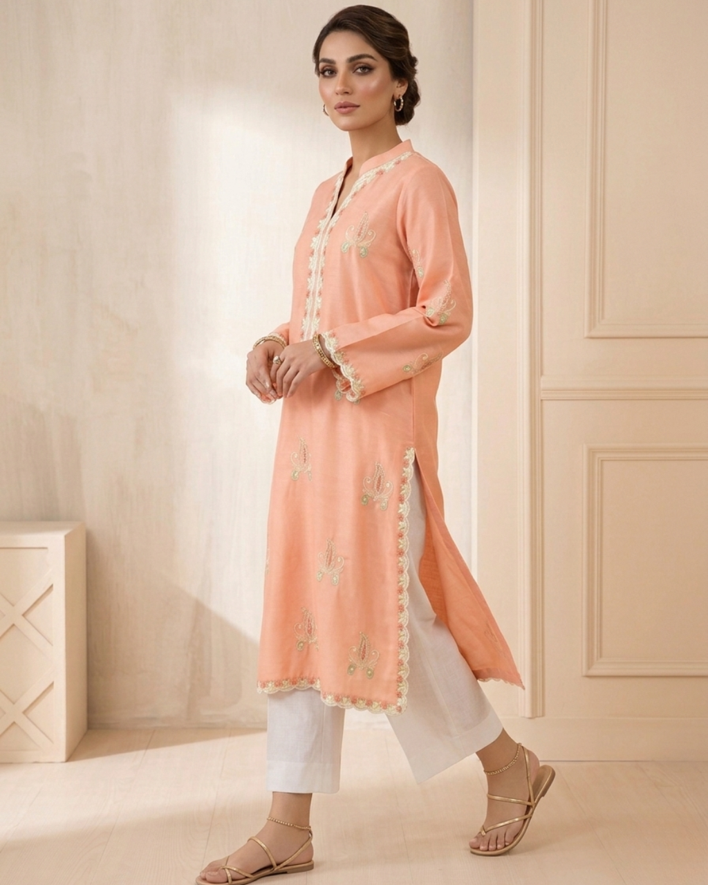 Peach Arri Embroidered Scalloped Hem Loomnet Kurta