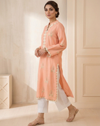 Peach Arri Embroidered Scalloped Hem Loomnet Kurta
