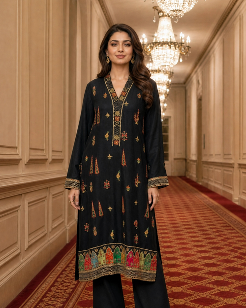 Black 2-Piece Loomnet Kurta Set with Digital Print Border