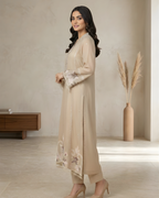 Beige Arri Embroidered Silk Lawn Kurta with Pearl Tassel