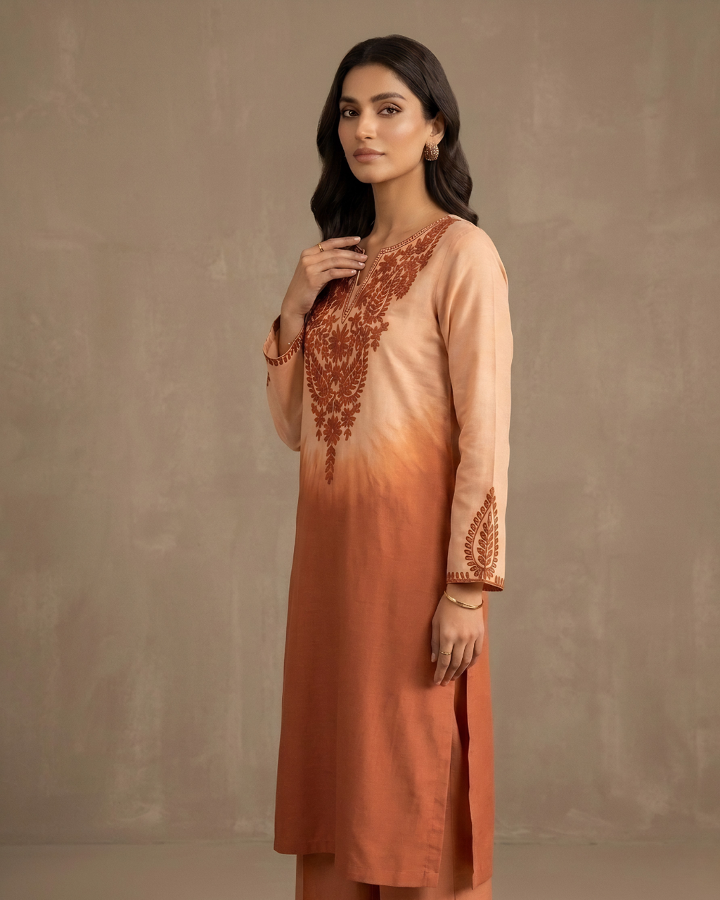 Orange Shaded Loomnet Embroidered Kurta