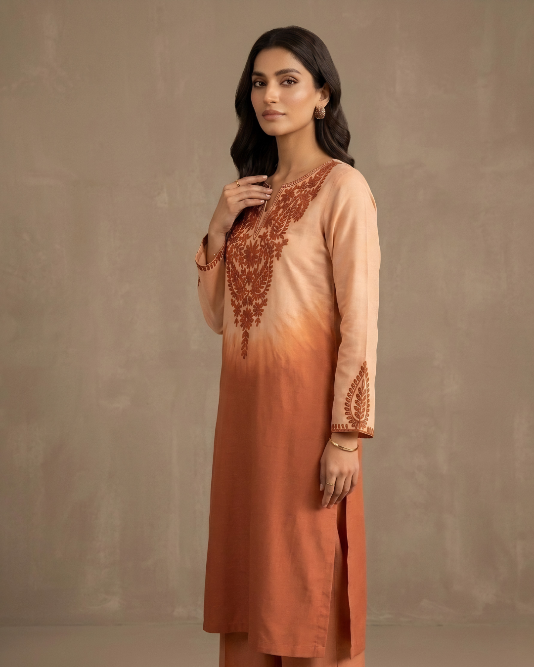 Orange Shaded Loomnet Embroidered Kurta