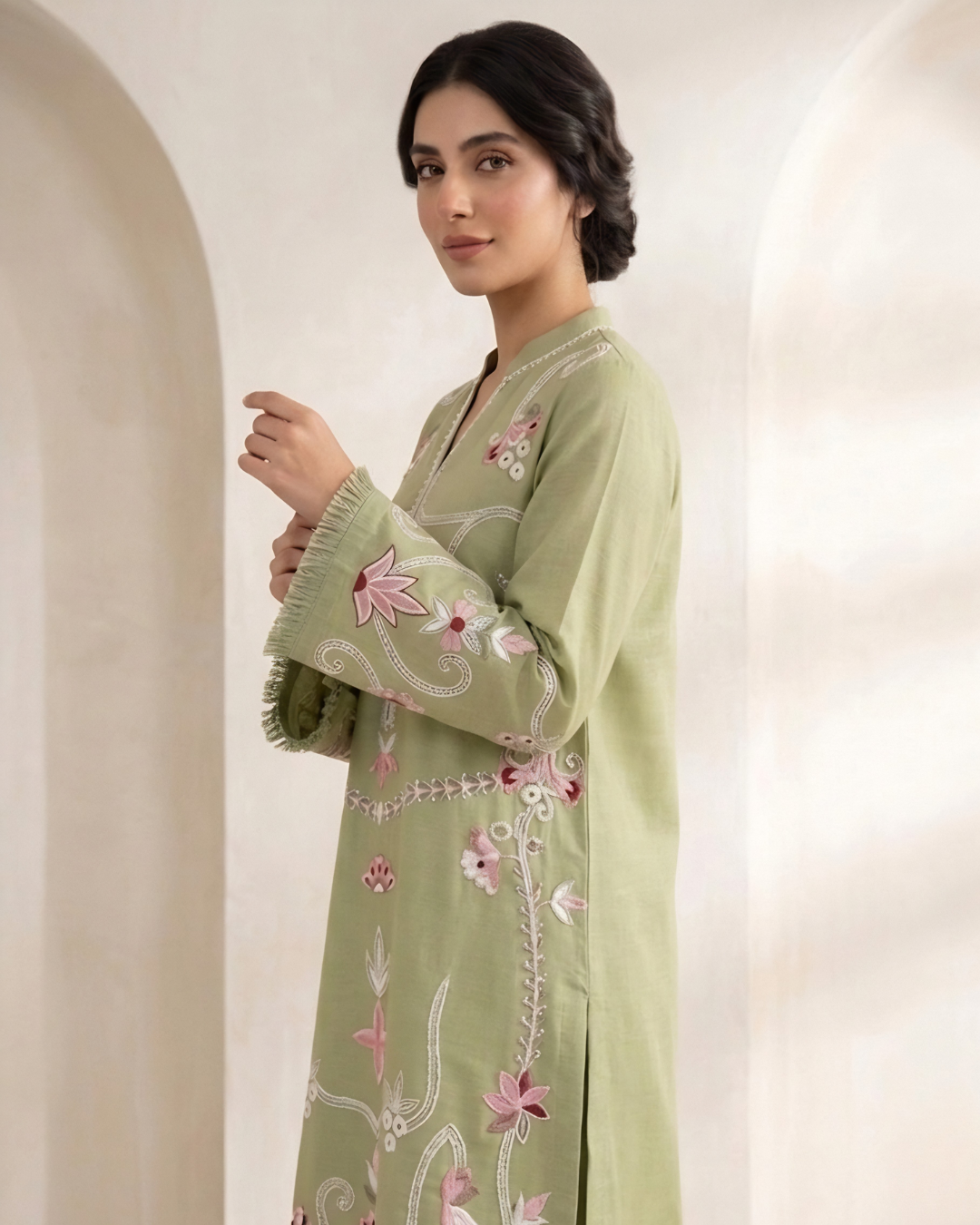Green Arri Floral Embroidered Silk Lawn Kurta Set
