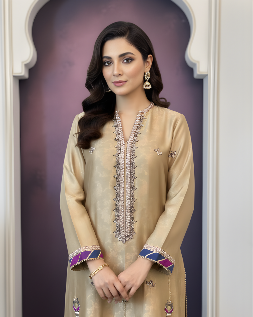 Gold Jamawar 3-Piece Suit with Cora Dabka & Pearl Embroidery
