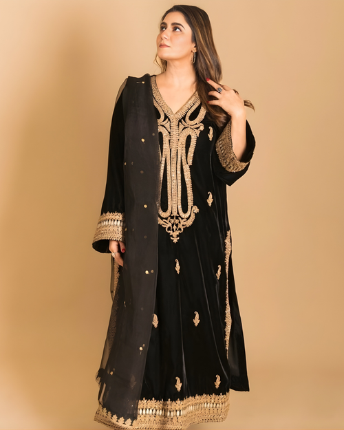 Black Velvet 3-Piece Embroidered Suit with Organza Dupatta