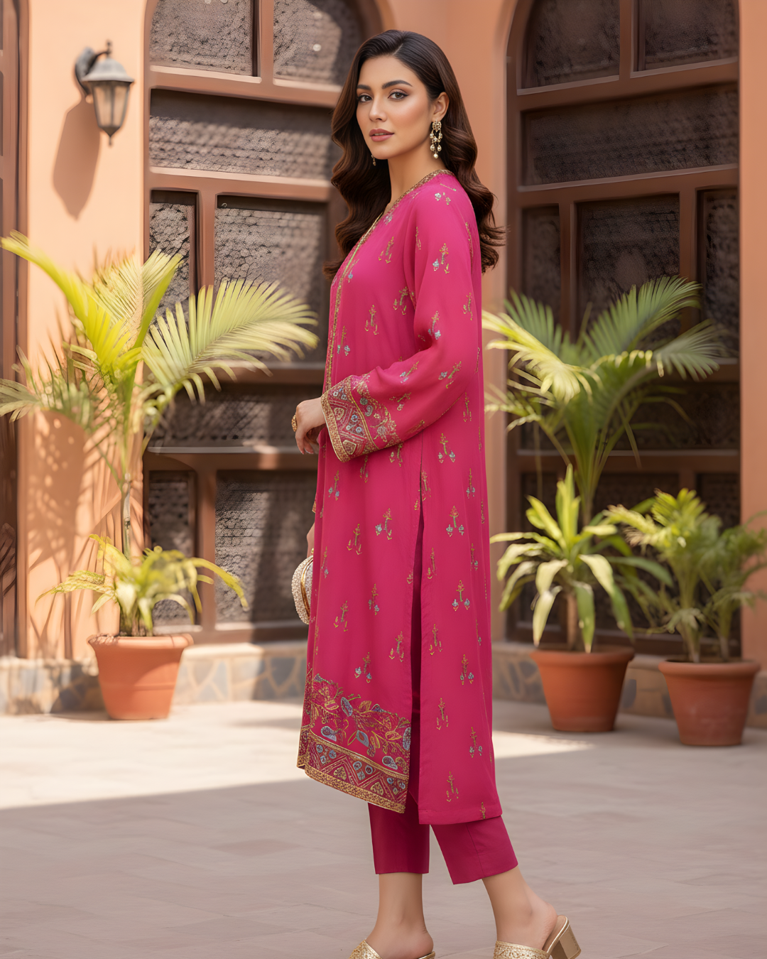 Fuchsia Silk 3-Piece Suit with Gold Embroidered Digital Print