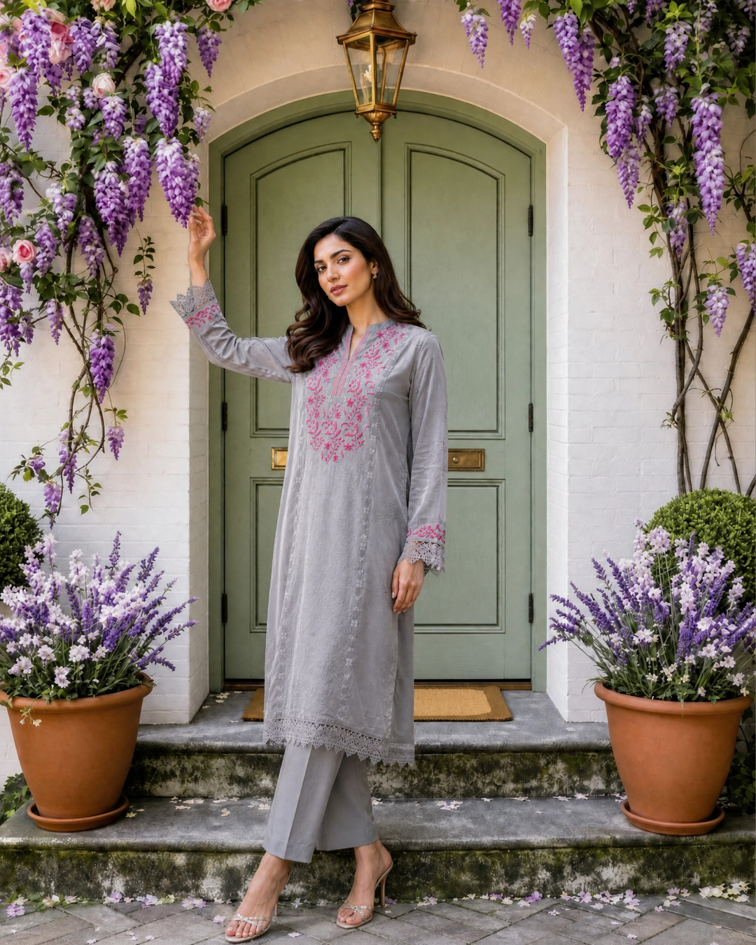 Grey Silk Lawn Hand Embroidered Floral Yoke Kurta Set