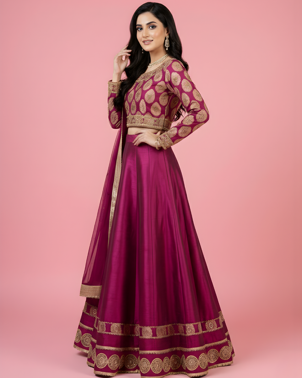 Pink Jamawar Lehenga Choli with Gold Medallion