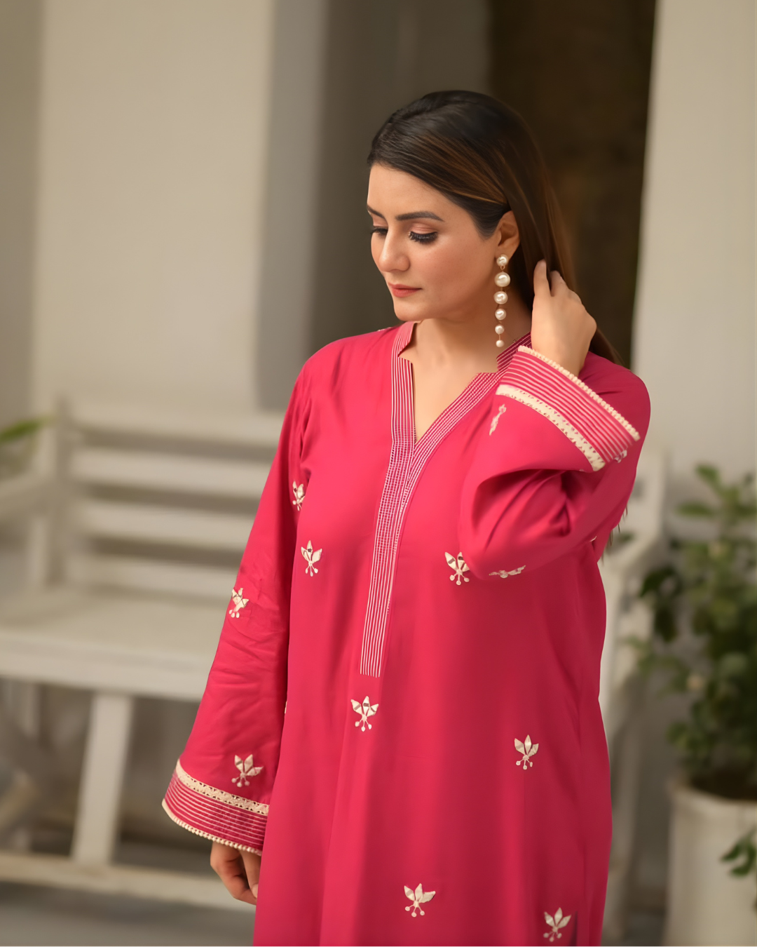 Fuchsia Mirror Work Cotton Lawn Kurta