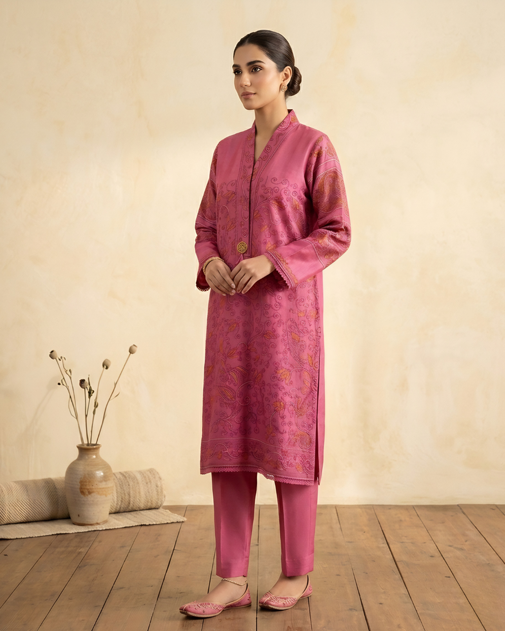 Pink Silk Lawn Kanta Embroidered Kurta