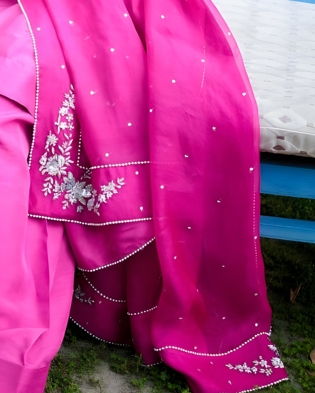 Fuchsia Sequin Embellished Tussel Silk 3-Piece Set