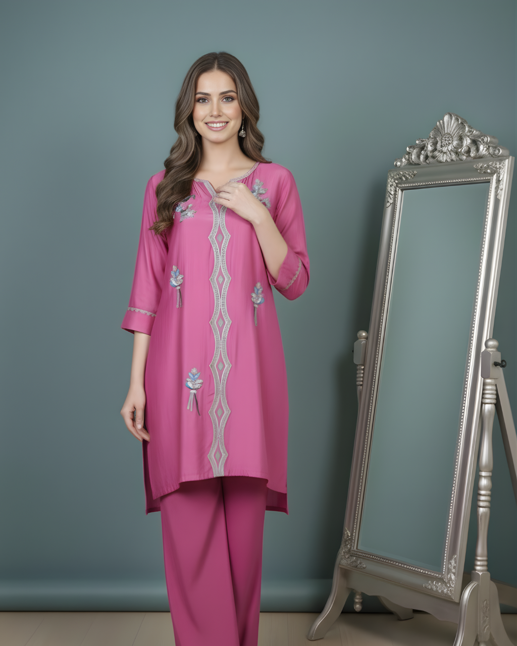 Pink Loomnet Short Kurta & Palazzo Set