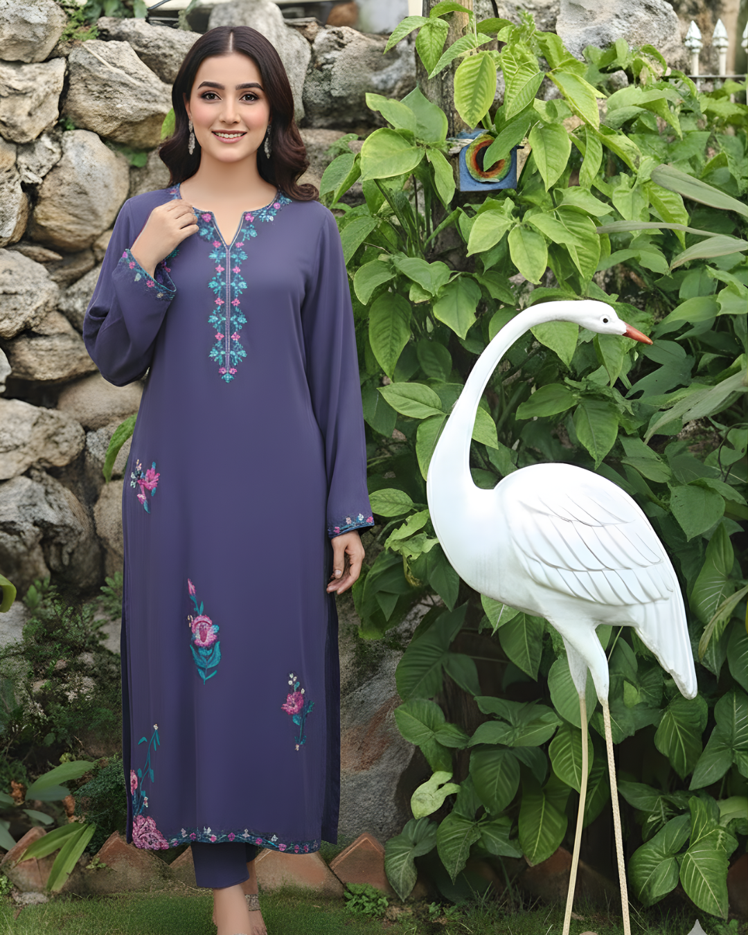 Navy Blue Floral Embroidered Neckline Loomnet Kurta Set