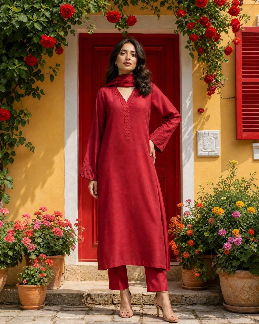 Red Tussel Silk Ankar Tanka Embroidered Kurta Set