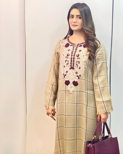 Beige Check Pashmina Kurta with Adda Embroidery & Fringed Cuffs
