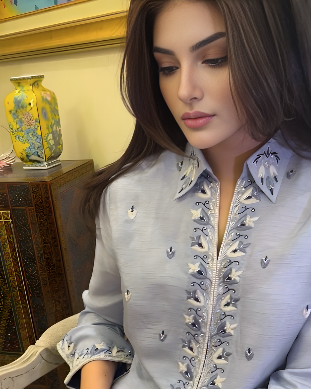 Powder Blue Korean Silk Embroidered Jacket & Palazzo Set