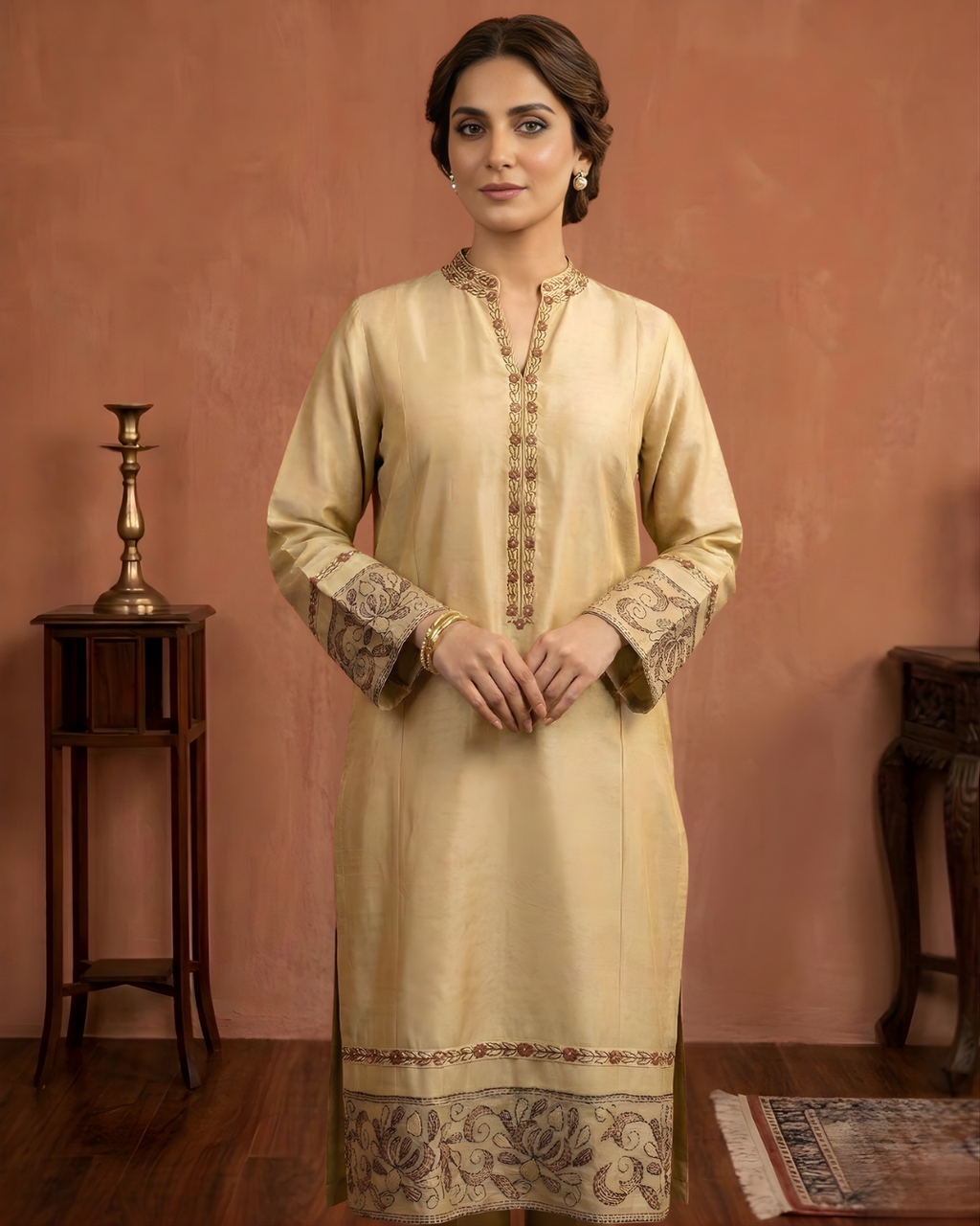 Beige Loomnet Kanta Embroidered Arri Work Kurta Suit