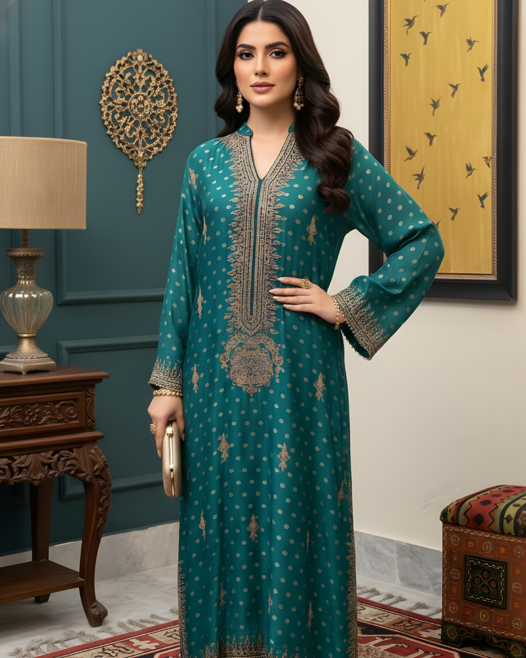 Teal & Gold Jamawar 3-Piece Suit – Marori Embroidered