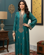 Teal & Gold Jamawar 3-Piece Suit – Marori Embroidered