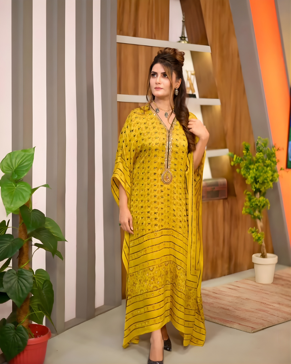 Mustard  Print Silk Kaftan