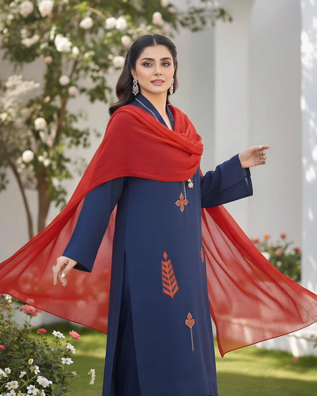Navy Blue Rust Patchwork Geometric Silk Lawn Kurta