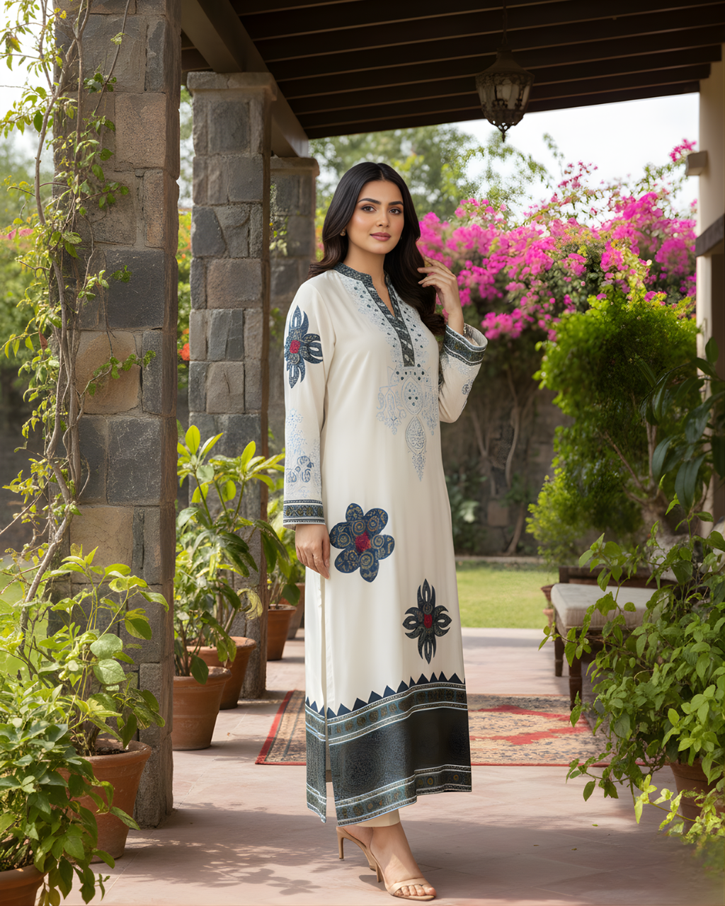 Off White Ajrak Patchwork Mirror Work Loomnet Kurta
