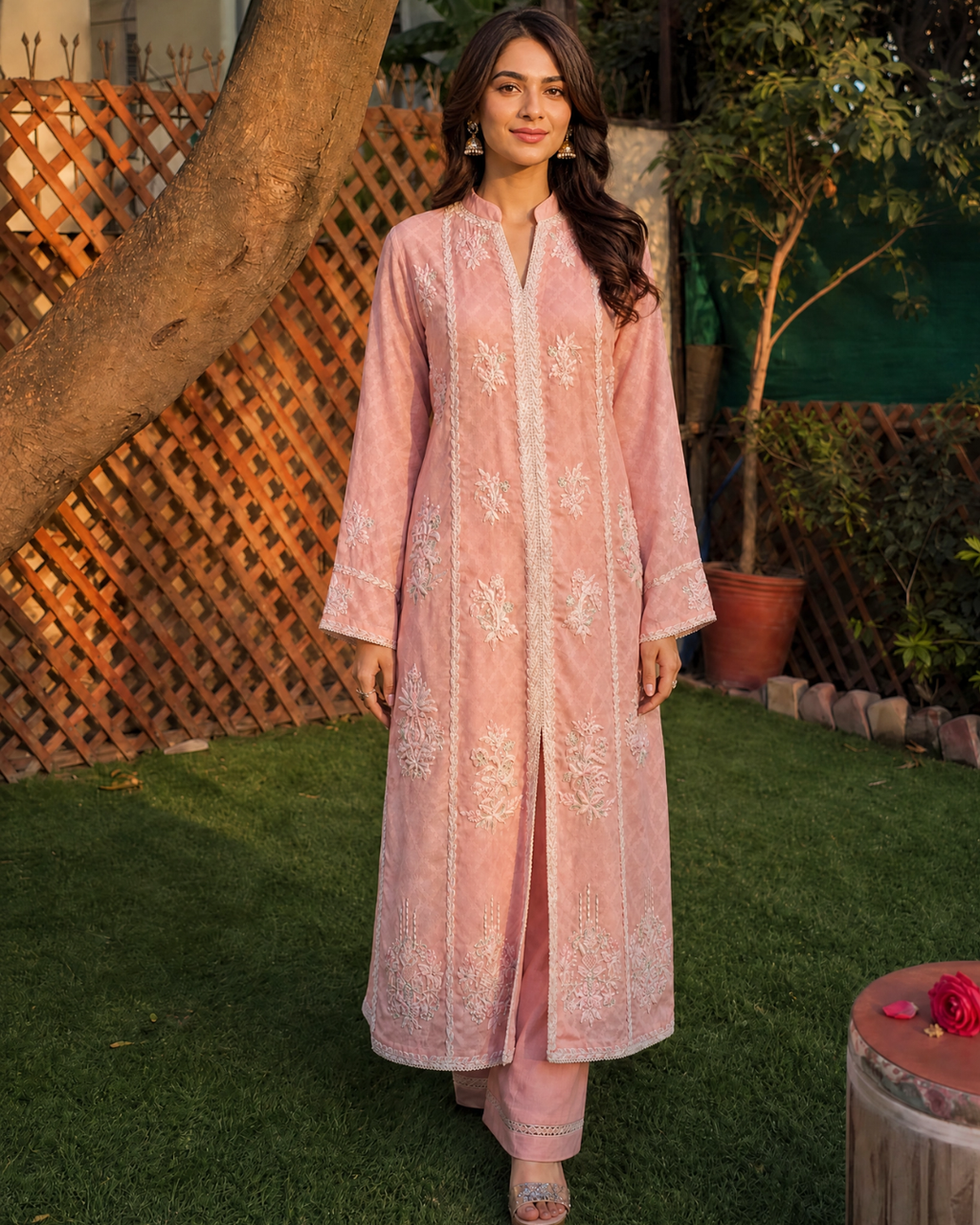 Pink Cotton Net Hand Embroidered Long Shirt Set