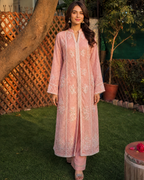 Pink Cotton Net Hand Embroidered Long Shirt Set