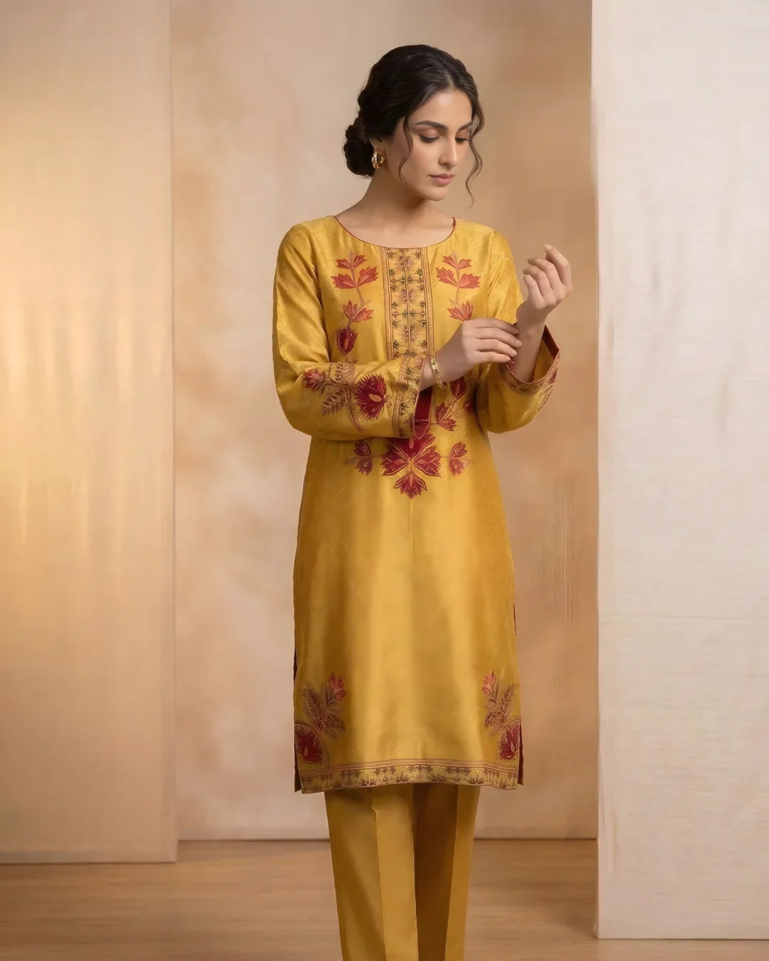 Mustard Patchwork Floral Yoke Tussel Silk Kurta Set