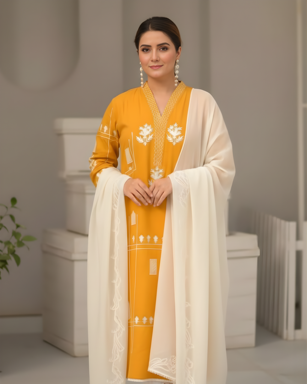 Yellow Cotton Lawn Embroidered Kurta Set